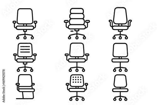 Office chair line icon set. Collection of simple isolated vector symbols for business furniture. Ergonomic seat, swivel armchair pictogram for web and apps. Editable stroke.