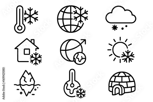 Set of global cooling and cold climate line icons, outline symbols for graphic design, apps, advertising, weather, environment, nature, and cold temperature concepts, vector illustration