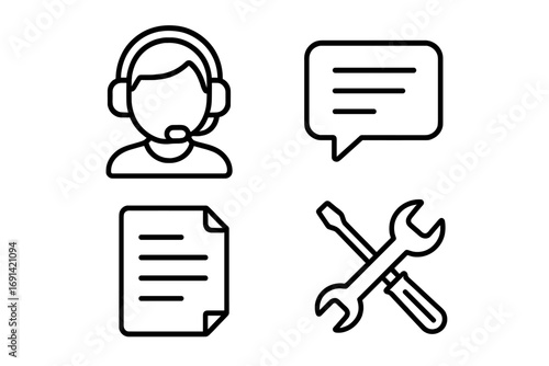 Customer support linear icon set. Call center operator, headset, help chat, technical document, and repair tools. Vector icons for contact us and client service assistance.