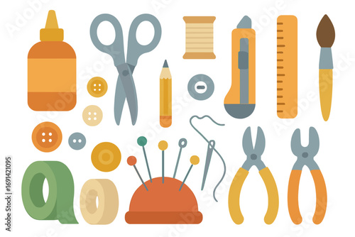 Vector set of crafting essentials for DIY projects. Flat design cartoon illustration of art supplies and tools for handmade hobbies, sewing, scrapbooking, and creativity.
