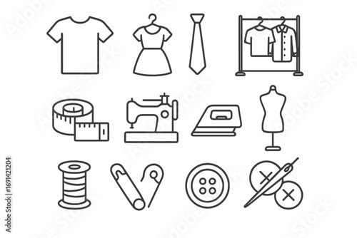 Sewing and tailoring line icon set. Fashion design, dressmaking, and garment creation vector symbols. Editable stroke for web and apps. Includes machine, mannequin, and clothes.