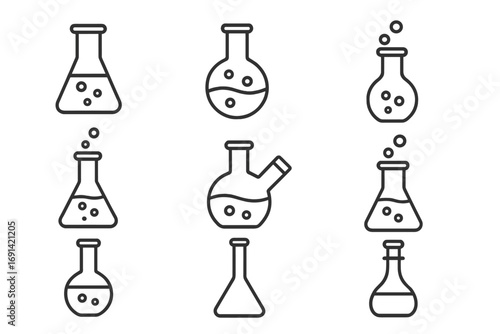 Laboratory flask line icons set, chemistry science beakers and test tubes vector outline signs, lab equipment symbols, scientific glassware for web design, apps, advertising, education graphics