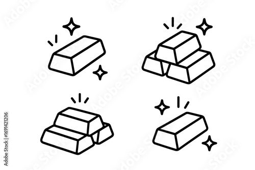Gold bar outline icon set. Bullion and ingot collection for finance and investment concepts. Simple line art illustration of wealth, treasure, and precious metals.