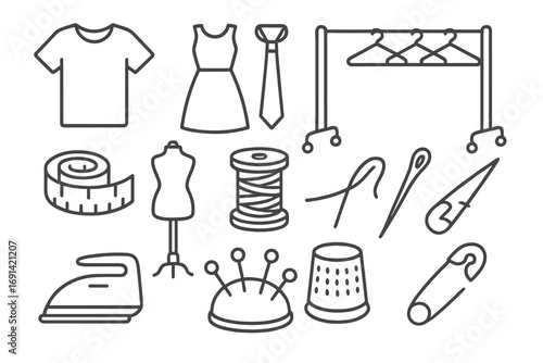 Sewing & tailoring line icon set. Garment design, dressmaking, craft & laundry concept. Editable stroke vector symbols of needle, thread, mannequin, measuring tape, iron.