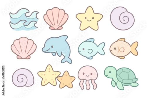 Cute nautical icons set. Kawaii sea animals collection. Cartoon vector illustration of dolphin, fish, turtle, jellyfish, starfish, shell, wave. Marine life in pastel colors.