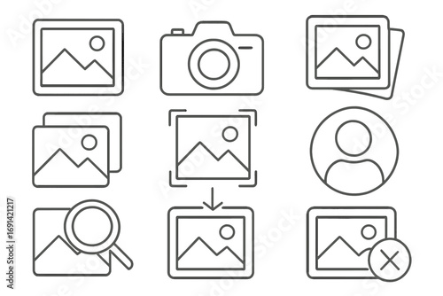 Set of picture related line icons, photo and image symbols, outline signs for graphic and web design, photography, apps, adverts, media, social profile, vector illustration
