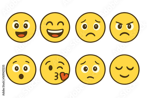 Emoji set vector. Cute cartoon emoticon faces with various expressions. Smiley collection with emotions: happy, sad, angry, love, kiss, surprised. Character feedback icons.
