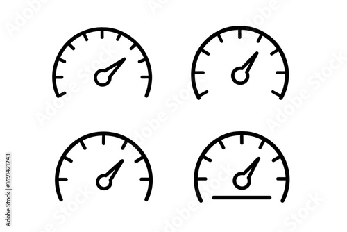 Set of speedometer line icons, gauge meter outline symbols, dashboard indicators for graphic design, web, apps, advertisements, and digital cards, vector cartoon style transparent