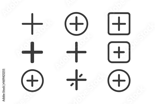Pack of Plus Sign Line Icons, Outline and Solid Style, Vector Symbols for Graphic Design, Web Apps, Advertisements, Cards, UI Elements, Modern Minimalist Medical and Add Button Symbols