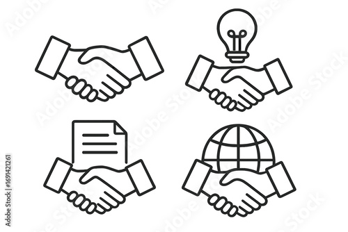 Handshake icon set for business agreement, partnership, and deal. Vector line art collection with contract, new idea, and global cooperation symbols. Editable stroke.