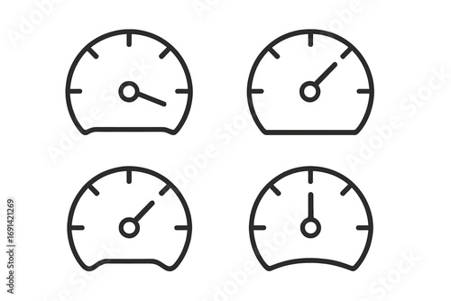 Set of speedometer line icons, gauge indicators, outline signs for web design, apps, adverts, user interfaces, dashboard elements, performance meters, vector cartoon illustration