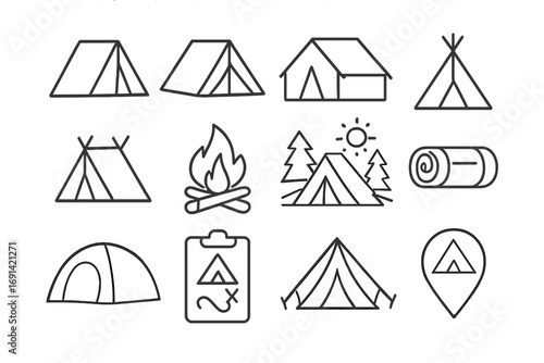 Pack of Tent and Camping Line Icons, Outdoor Adventure Symbols, Outline Graphic for Web Design, Apps, Advertisements, Cards, Vector Cartoon Illustration with Transparent Background