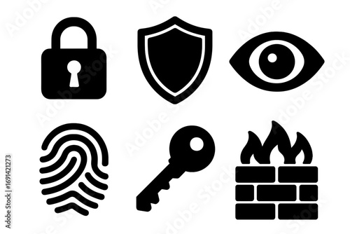 Security icon set with lock, shield, eye, fingerprint, key, and firewall. Vector icons for cybersecurity, data protection, privacy, network safety, and access control.
