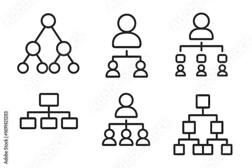 Hierarchy icon set. Concept of business structure and organization. Corporate management, leadership, teamwork signs. Vector outline flowchart, org chart and diagram symbols.