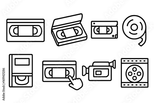 Set of Video Tape and Media Line Icons, Outline Symbols for Graphic Design, Web, Apps, Adverts, Various Cards, Retro Technology, VHS, Camcorder, Film Reel Vector Illustration