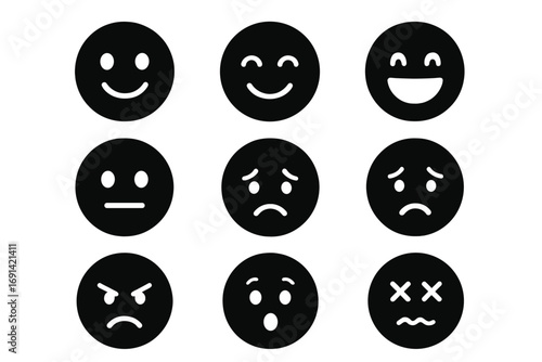 Emotion mood silhouette icon set. Face expression symbols for feedback or satisfaction rating. Happy, sad, angry, neutral smiley faces. Feelings vector communication icons.