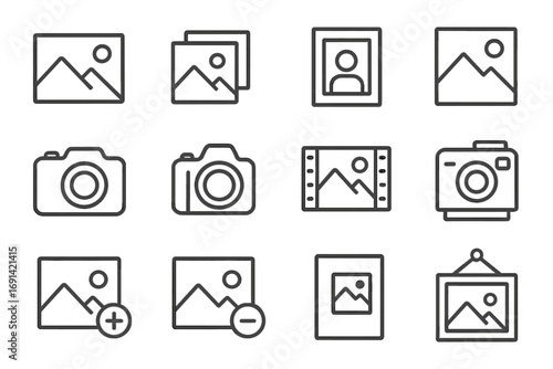 Picture line icon bundle with outline signs for graphic and web design, apps, adverts, various cards, vector cartoon illustration with transparent background, ordered set