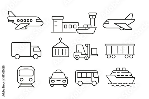 Passenger, cargo, and cruise transportation thin line icons bundle, editable stroke vector illustration for websites, books, cards, and apps with transparent background