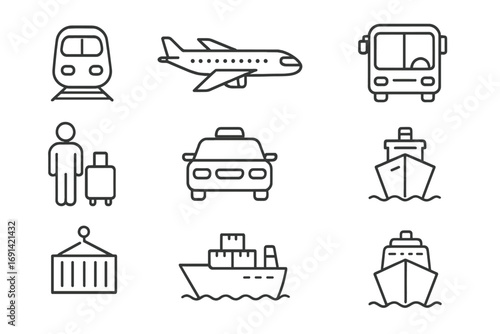 Passenger, Cargo, and Cruise Ship Icons Collection, Thin Stroke Editable Vector Set for Web, Books, Cards, and Apps with Transparent Background, Transport and Travel Symbols