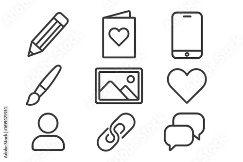 Modern outline style vector icons set for design, cards, apps, social networks, user interface elements, creativity tools, communication symbols with transparent background