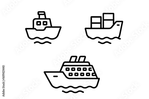 Passenger ship, cargo ship, and cruise liner icon set for UI design, placards, apps, and websites. Editable stroke vector cartoon illustration perfect for travel, shipping, and hospitality industries
