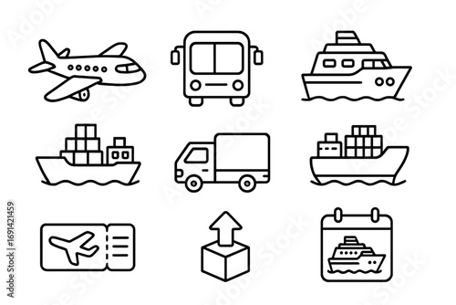 Passenger transport cargo cruise icon set for UI design, placards, books, apps, editable stroke vector cartoon illustration perfect for websites, cards, apps, shipping and travel concepts