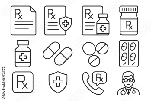 Pharmacy and medicine line icon set. Rx prescription, doctor, pills, and health insurance icons. Vector outline symbols for web, apps. Editable stroke medical pictograms.