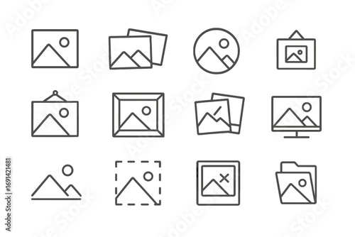Picture line icon bundle set with outline signs for graphic design, web design, apps, adverts, various cards, digital content, cartoons, and transparent background, organized collection