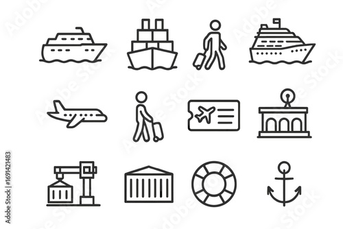 Passenger cargo cruise ship travel icons set. Editable stroke vector illustrations for websites, apps, books, cards. Transport, ticket, container, anchor, luggage concepts