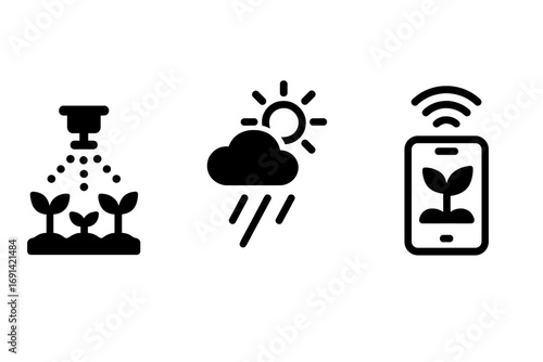 Smart agriculture icon set. Agritech concept with irrigation, weather forecast, and mobile monitoring symbols. Farming technology vector silhouettes for remote control.