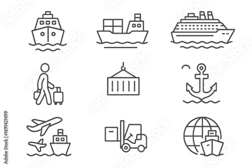 Passenger, cargo, and cruise ship icon set with editable stroke, vector cartoon illustration, perfect for websites, books, apps, travel, shipping, logistics design, maritime transport, tourism