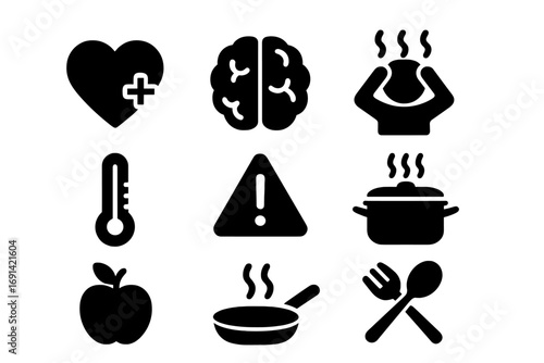 Health, stress, and cooking solid icon set. Concepts for mental health, burnout, fever, and nutrition. Symbols for medical, food, and lifestyle. Vector illustration.