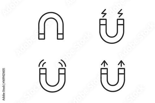 Magnet line icon set. Horseshoe magnet pictogram collection. Editable stroke. Concepts of attraction, repulsion, magnetic field, power and physics. Simple vector illustration.