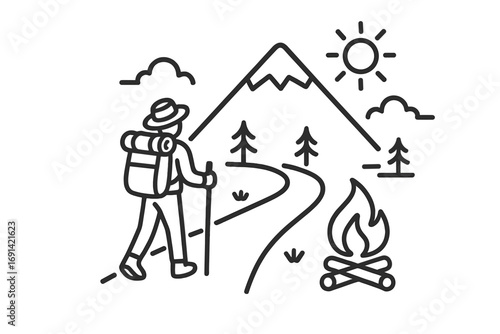 Hiker with backpack walking on scenic mountain trail. Minimalist line art of hiking, trekking and adventure. Outdoor camping with campfire vector icon. Nature landscape.
