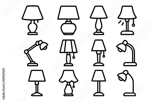 Table lamp and desk lamp outline icon set. Simple linear vector collection for home decor, lighting, and interior design. Minimalist lampshade and adjustable lamp illustrations.