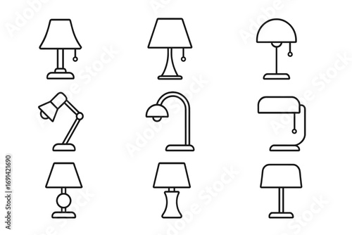 Table lamp and desk light simple line icon set. Vector collection of various lamps. Editable stroke outline pictogram for web, app, or print. Isolated home furniture.