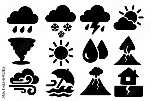 Natural disaster and weather forecast solid icons. Black silhouette vector symbol set. Cataclysm signs like earthquake, tornado, volcano eruption, flood, storm, rain, snow.