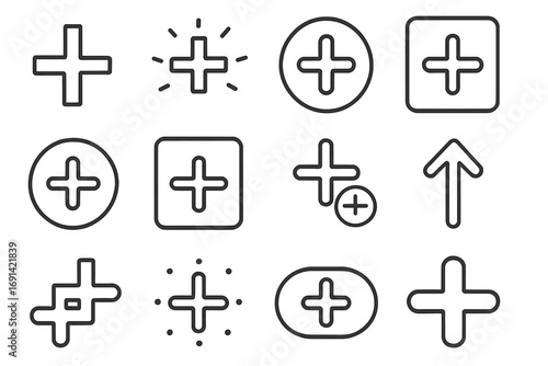 Plus Sign Line Icon Set for Graphic and Web Design, Apps, Adverts, Various Cards, Outline Vector Cartoon Illustration, Transparent Background, Modern UI Elements