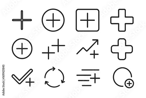 Outline line icon set collection with plus signs, check marks, arrows, circular arrows and graphical elements for web design, apps, adverts, cards, vector cartoon illustrations transparent background
