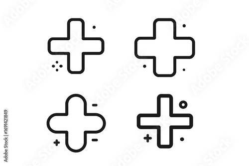Modern plus sign outline icons set for design, cards, apps, social networks, editable vector cartoon style, transparent background, ordered simple medical and math symbols