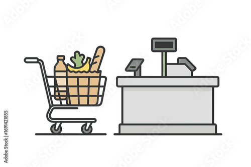 Minimalist grocery shopping concept with a full shopping cart at the checkout counter. Vector line art illustration of a supermarket scene with food, payment terminal, and till.