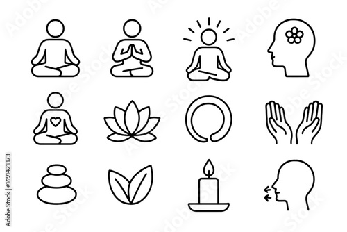 Meditation and yoga line icon set. Mindfulness and zen spiritual symbols. Vector graphic resources for wellness, breathing exercise, lotus pose, namaste, and relaxation.