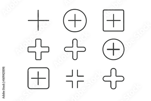 Plus sign thin line icon set, minimalist outline signs for graphic design, web apps, adverts, UI elements, modern vector cartoon illustration, transparent background