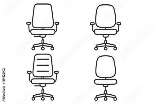 Vector line icon set of office chairs. Ergonomic furniture for business workplace. Swivel armchair collection. Adjustable seat symbol. Editable stroke thin line icons.