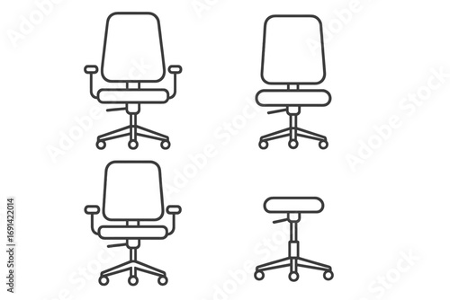 Office chair thin line icons pack. Ergonomic furniture for business workplace. Vector outline symbol set. Armchair, task seat, and swivel stool illustration. Editable stroke.