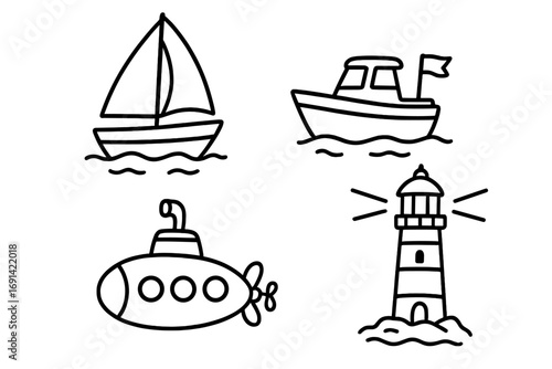 Nautical icon set. Simple line drawing of sailboat, boat, submarine, lighthouse. Marine transport collection. Sea adventure vector cartoon. Ocean travel symbols. Doodle.