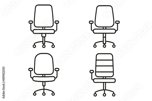 Office chair line icon set. Vector collection of business furniture symbols. Outline graphic for workplace, ergonomic seating, and corporate interior design. Swivel desk chair pack.