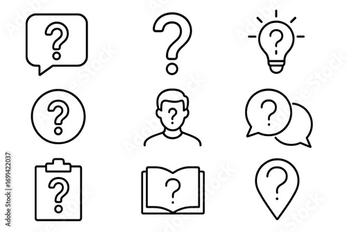 Question mark icon bundle for graphic and web design, app icons, adverts, and info cards, vector outline set, cartoon style transparent background, versatile user interface symbols