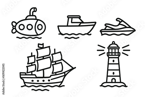 Nautical line art icon set featuring various sea vessels. Vector cartoon illustration of submarine, boat, ship, jet ski, and lighthouse. Maritime transport collection.