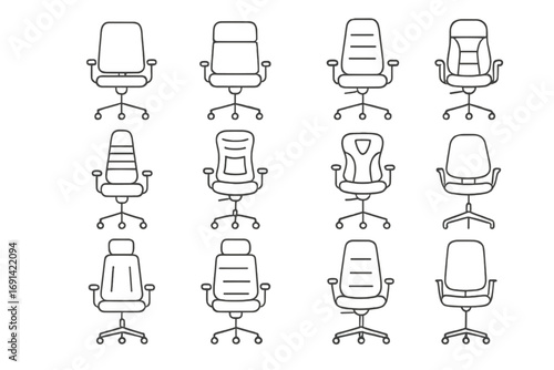 Office chair line icons. Set of various business furniture silhouettes. Ergonomic computer armchair, manager seat, and staff seating. Vector outline symbols. Editable stroke.